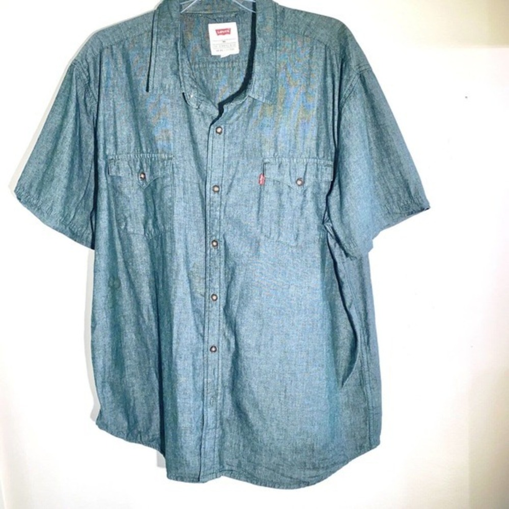 Levis Men Shirt Button Down 2XL Green Short Sleeve Cotton Oxford 2X 🦭
